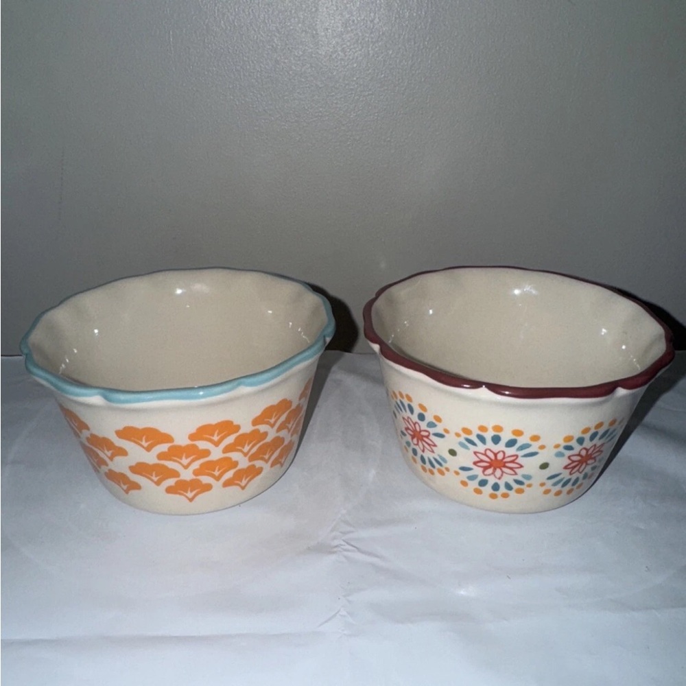 Pioneer Woman Set of  2 Ramekin Cups Flea Market Pattern Stoneware Ceramic Bowls